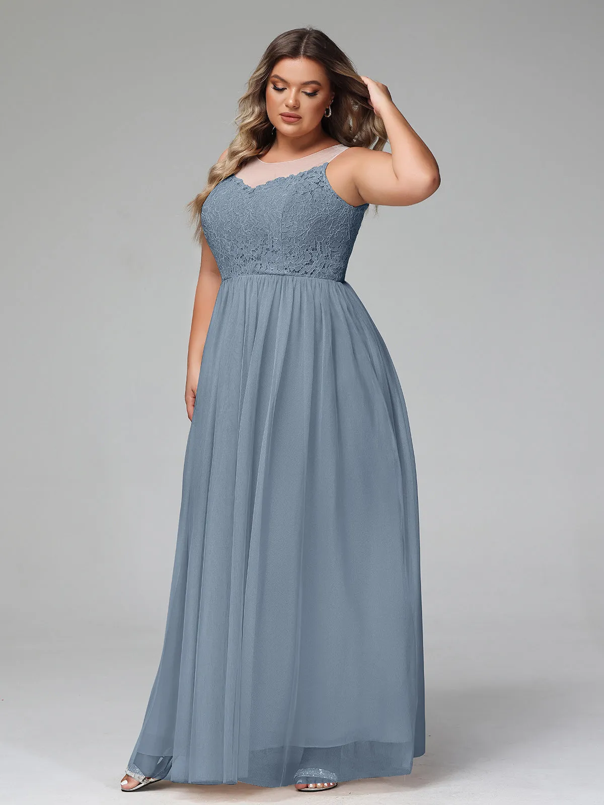 Illusion Neckline Lace and Tulle Maxi Dress-Dusty Blue Plus Size