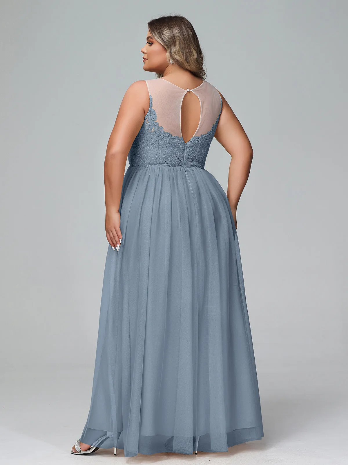 Illusion Neckline Lace and Tulle Maxi Dress-Dusty Blue Plus Size