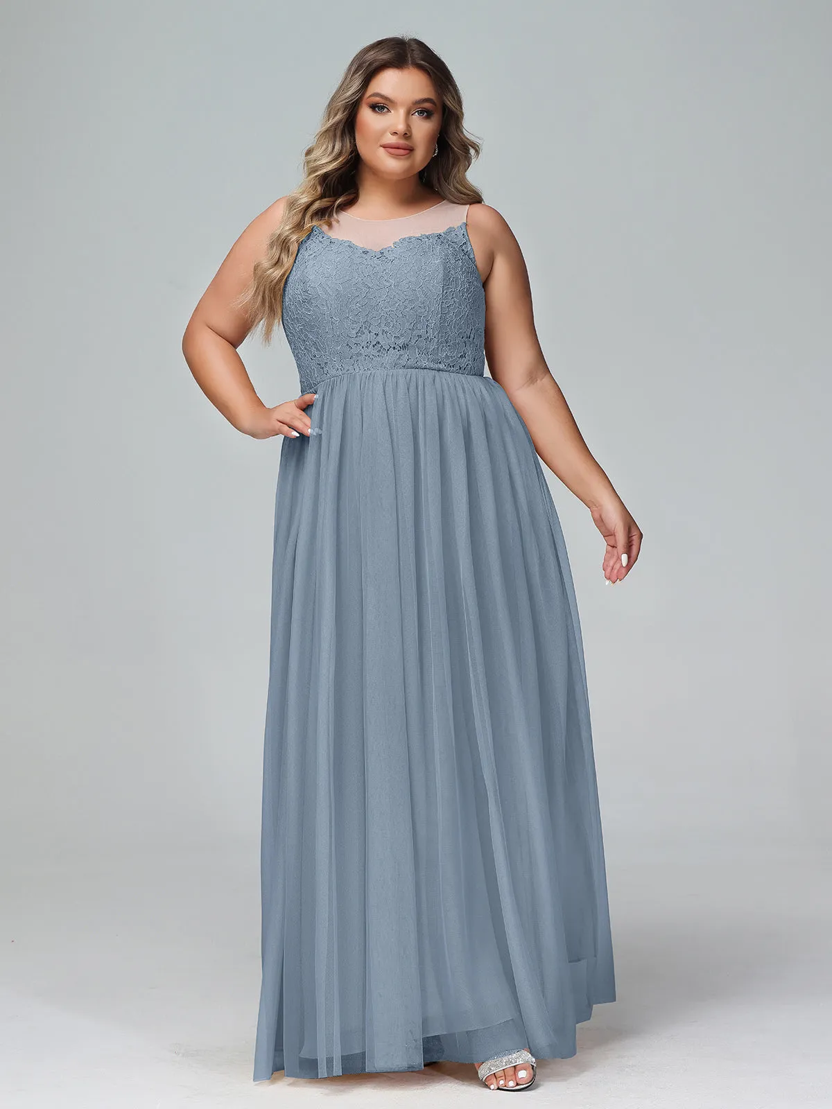 Illusion Neckline Lace and Tulle Maxi Dress-Dusty Blue Plus Size