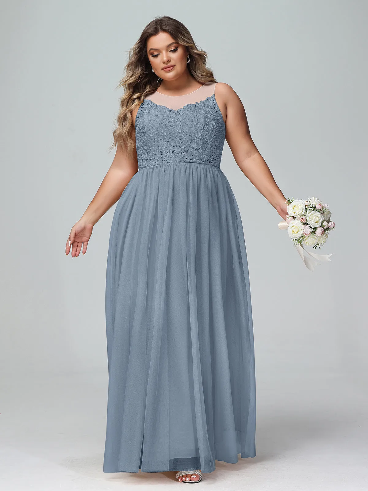 Illusion Neckline Lace and Tulle Maxi Dress-Dusty Blue Plus Size
