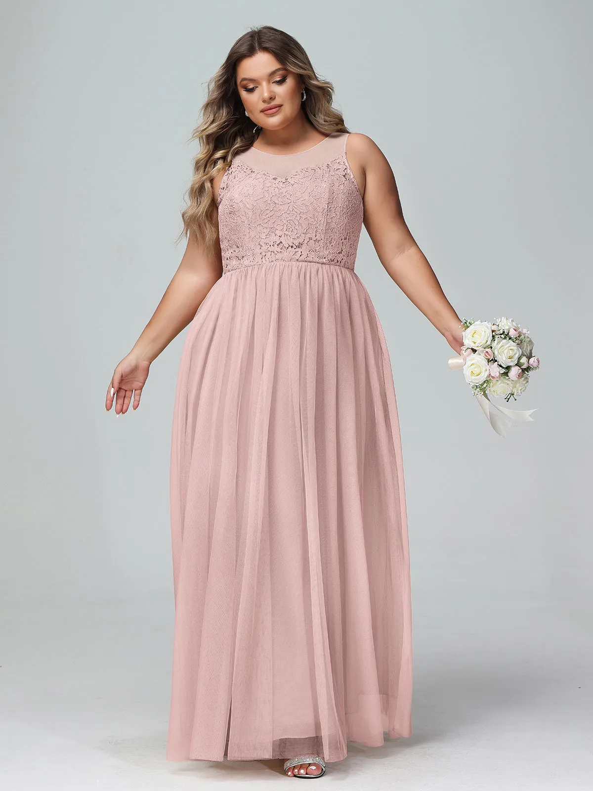 Illusion Neckline Lace and Tulle Maxi Dress-Dusty Rose Plus Size