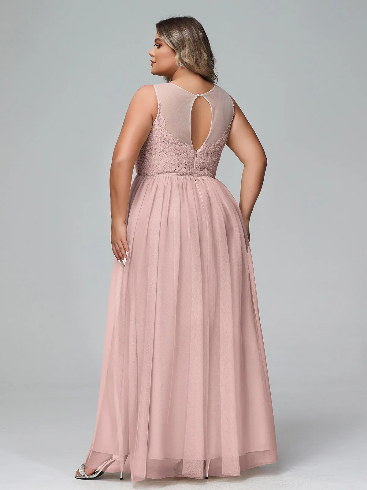 Illusion Neckline Lace and Tulle Maxi Dress-Dusty Rose Plus Size