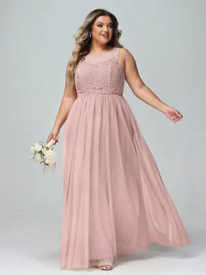 Illusion Neckline Lace and Tulle Maxi Dress-Dusty Rose Plus Size