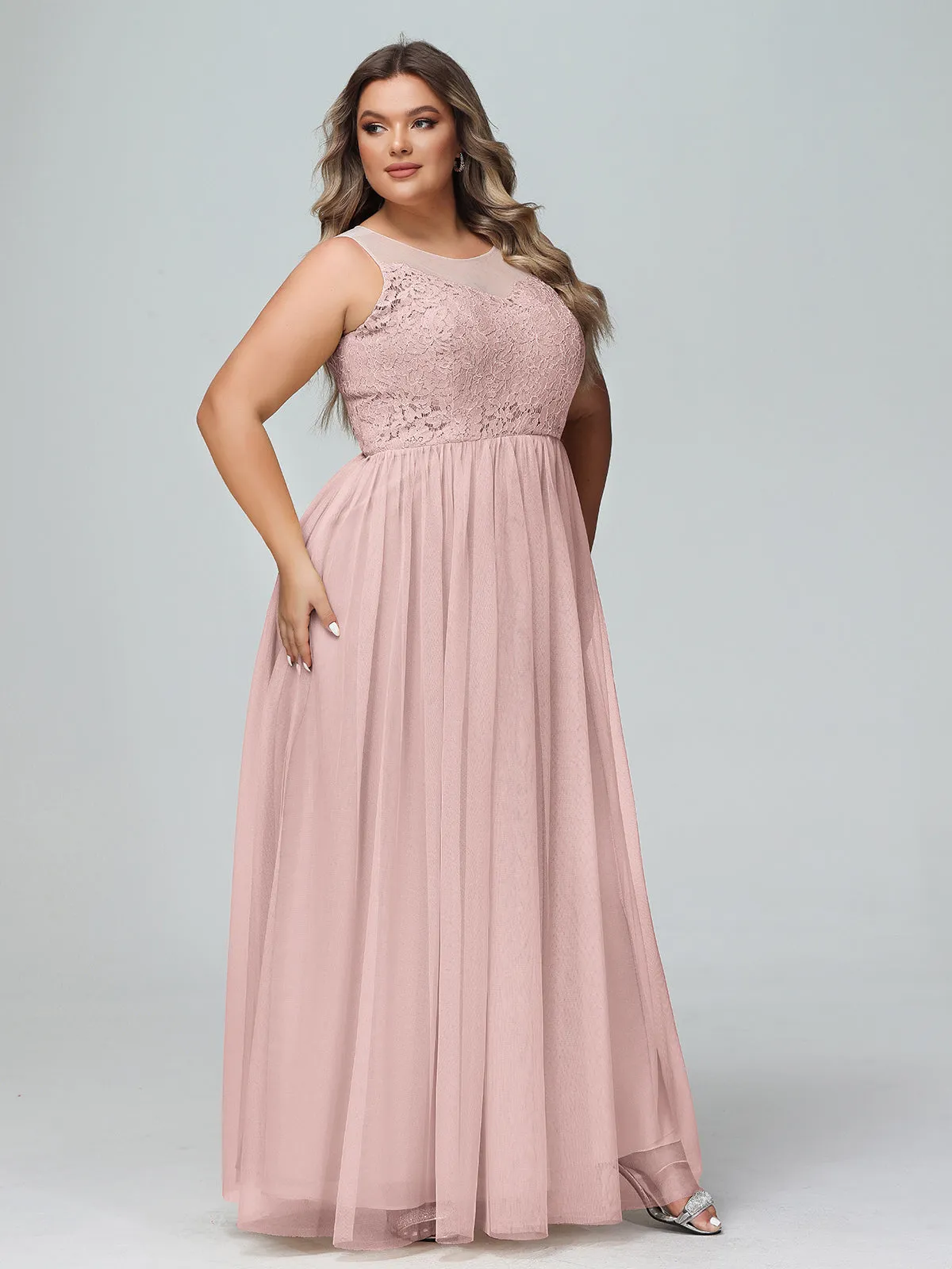 Illusion Neckline Lace and Tulle Maxi Dress-Dusty Rose Plus Size
