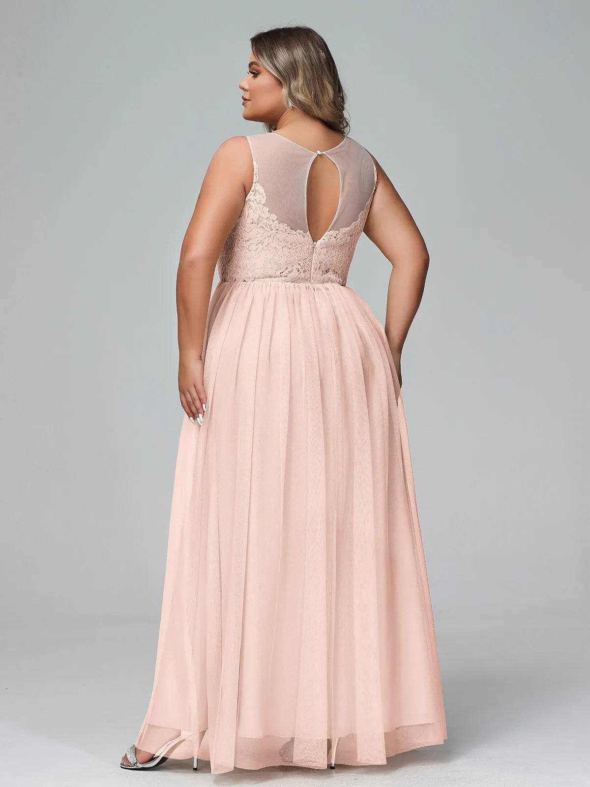 Illusion Neckline Lace and Tulle Maxi Dress-Pearl Pink Plus Size