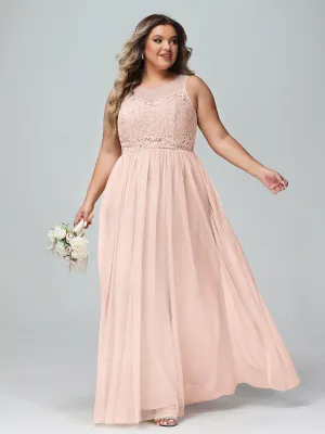 Illusion Neckline Lace and Tulle Maxi Dress-Pearl Pink Plus Size