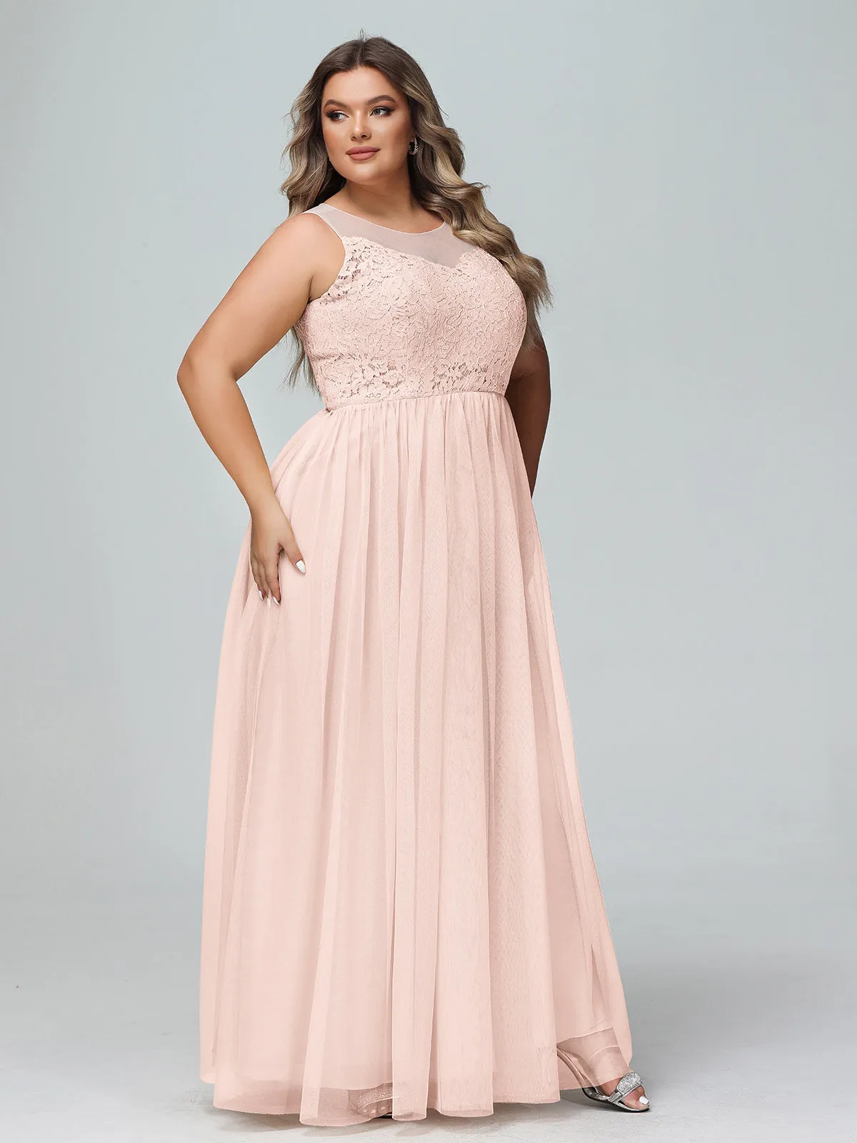 Illusion Neckline Lace and Tulle Maxi Dress-Pearl Pink Plus Size