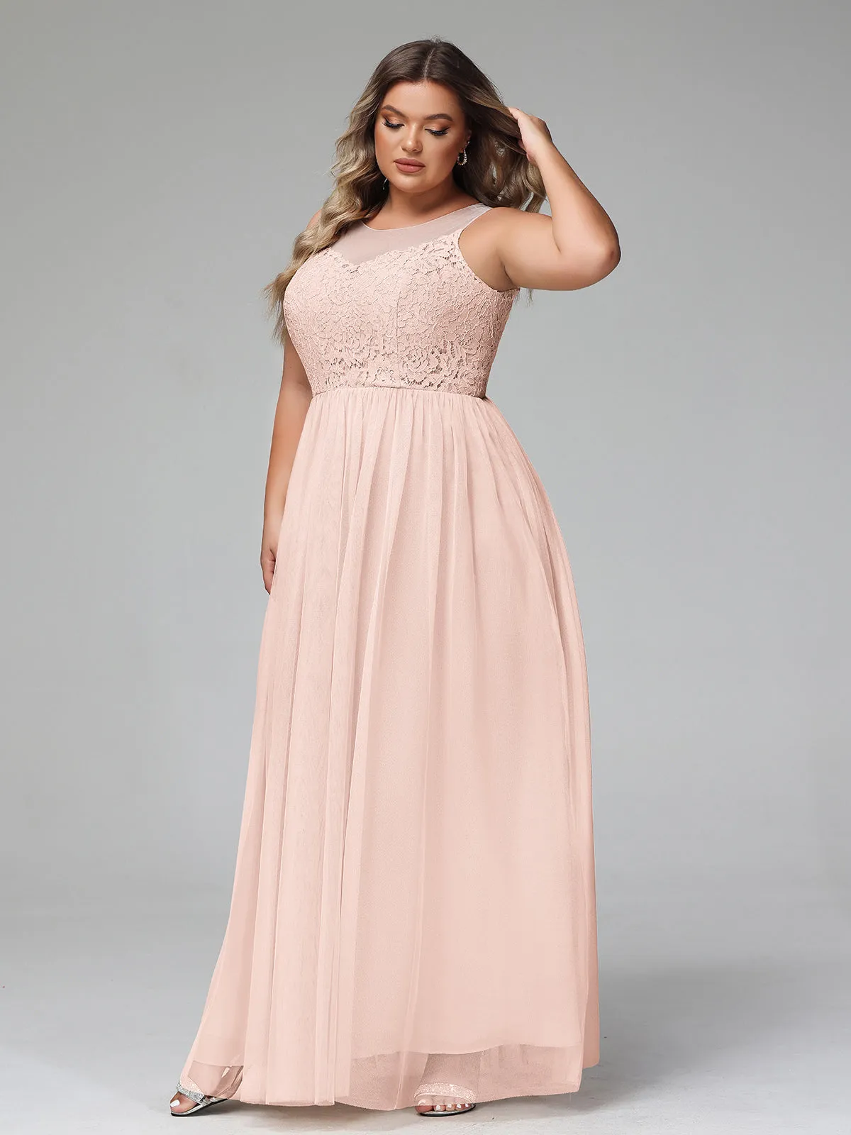 Illusion Neckline Lace and Tulle Maxi Dress-Pearl Pink Plus Size