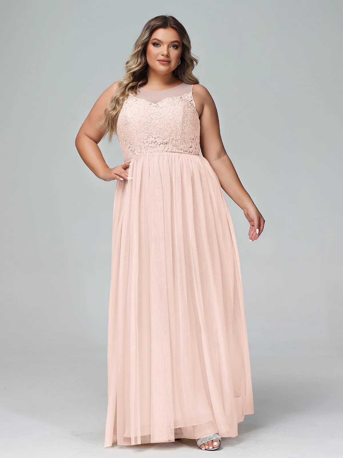 Illusion Neckline Lace and Tulle Maxi Dress-Pearl Pink Plus Size