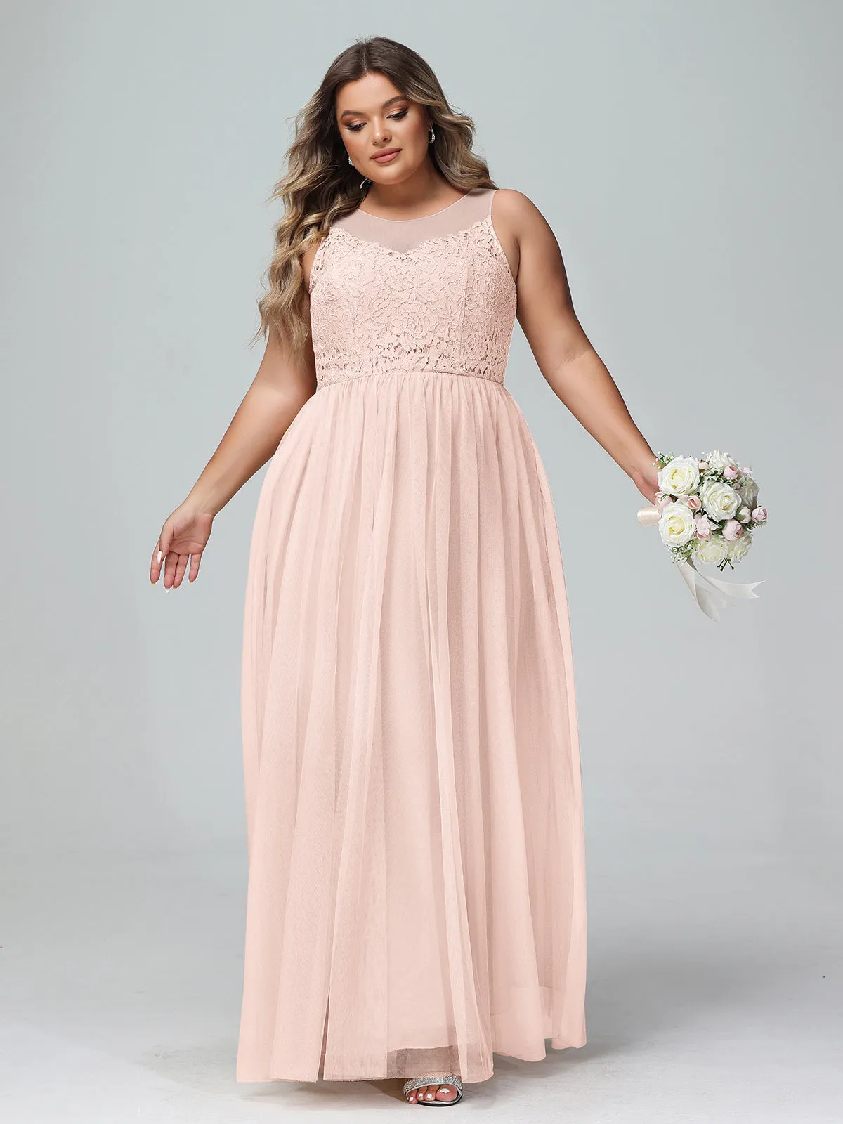 Illusion Neckline Lace and Tulle Maxi Dress-Pearl Pink Plus Size