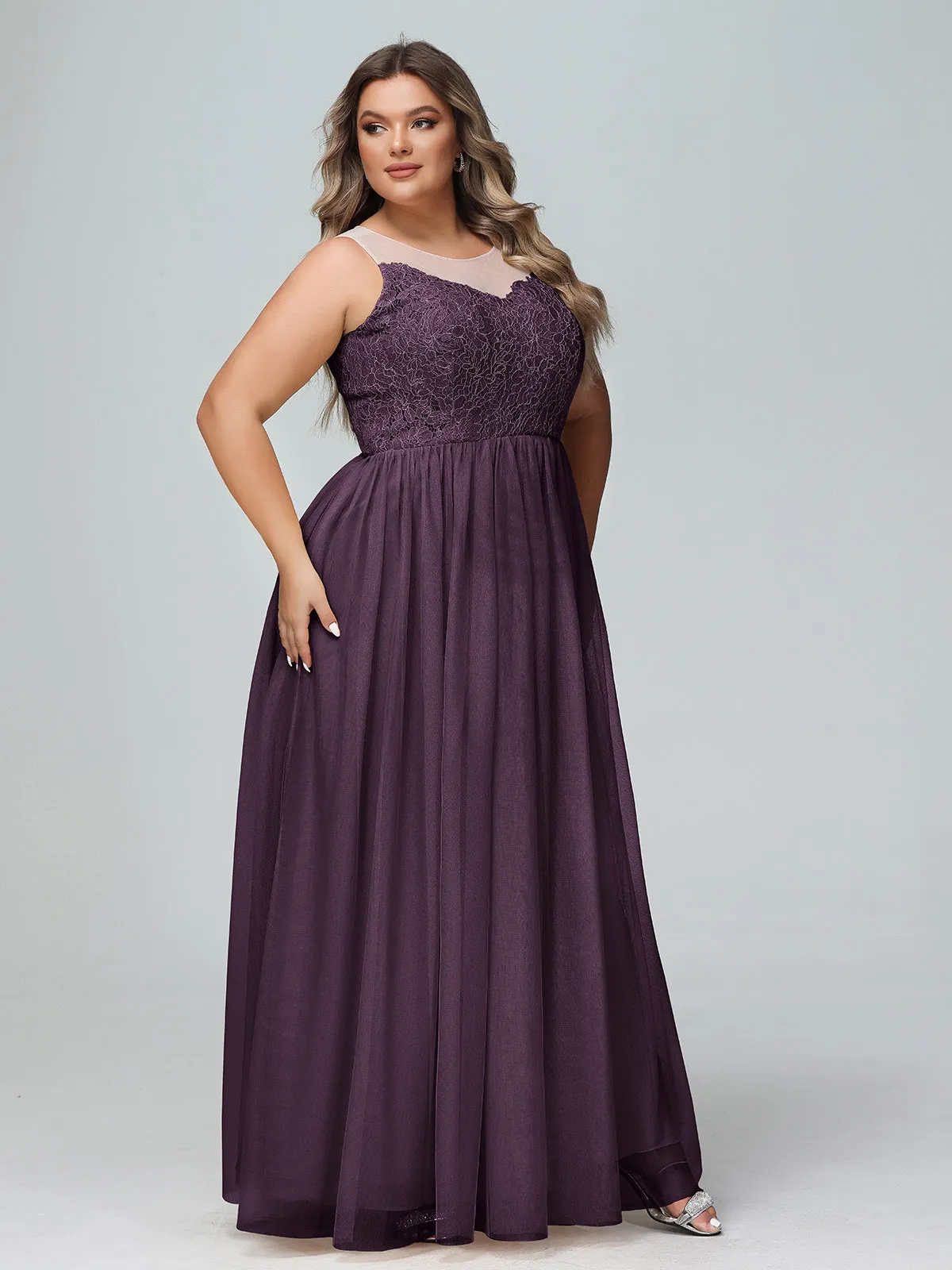 Illusion Neckline Lace and Tulle Maxi Dress-Plum Plus Size