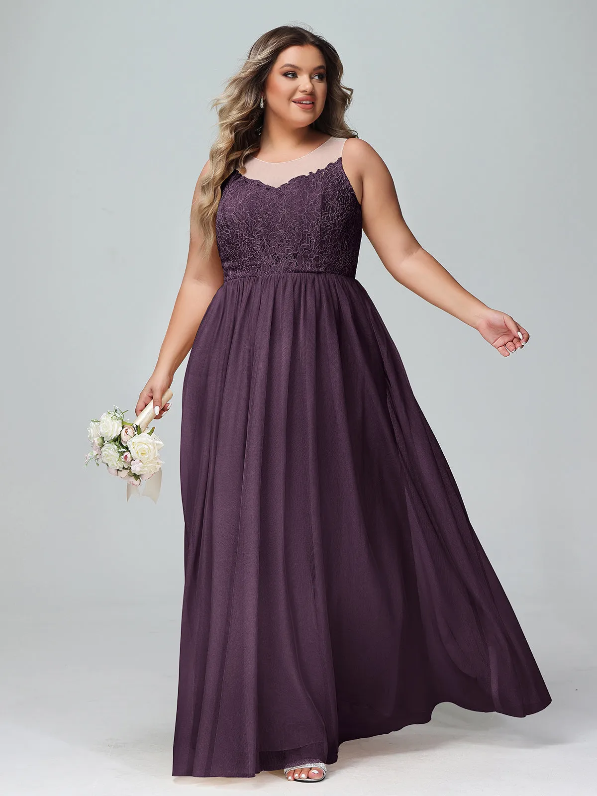 Illusion Neckline Lace and Tulle Maxi Dress-Plum Plus Size