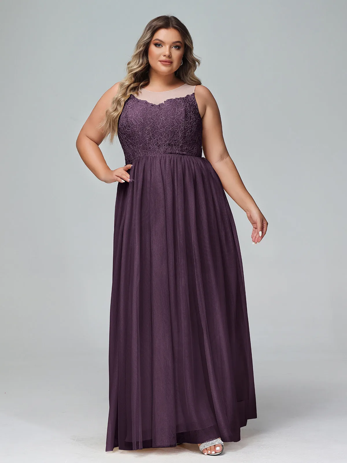 Illusion Neckline Lace and Tulle Maxi Dress-Plum Plus Size