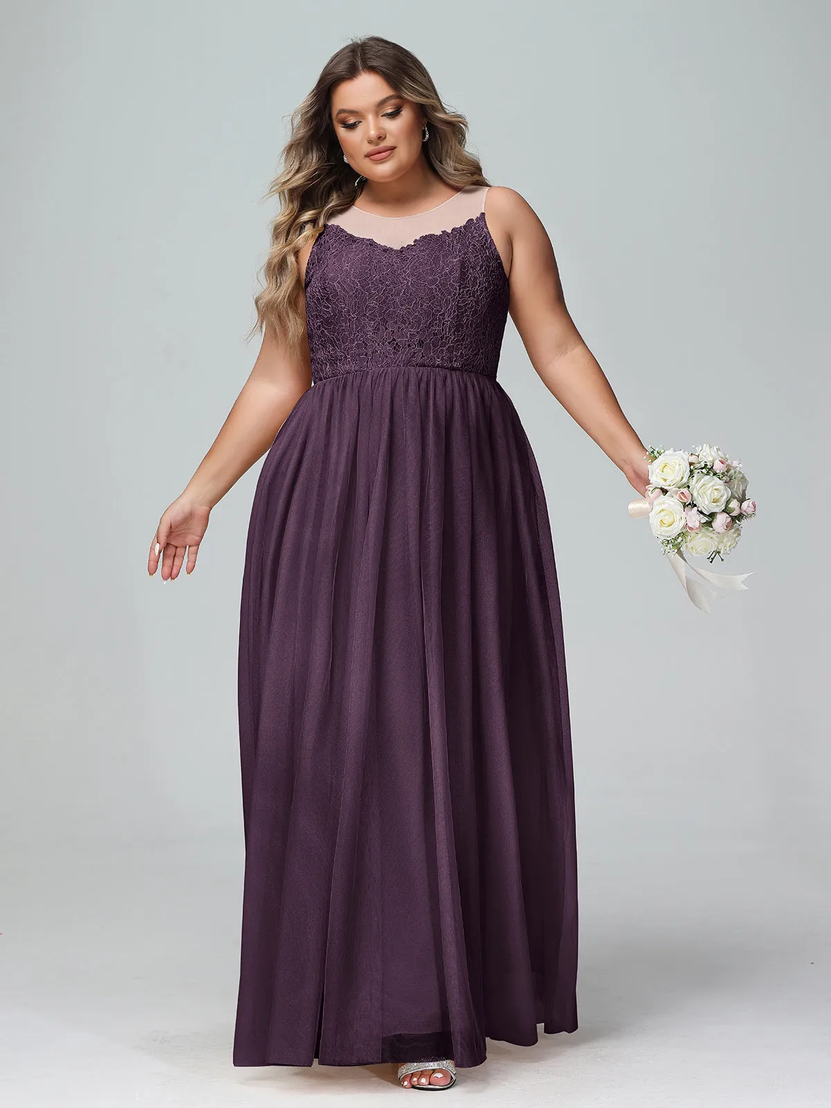 Illusion Neckline Lace and Tulle Maxi Dress-Plum Plus Size