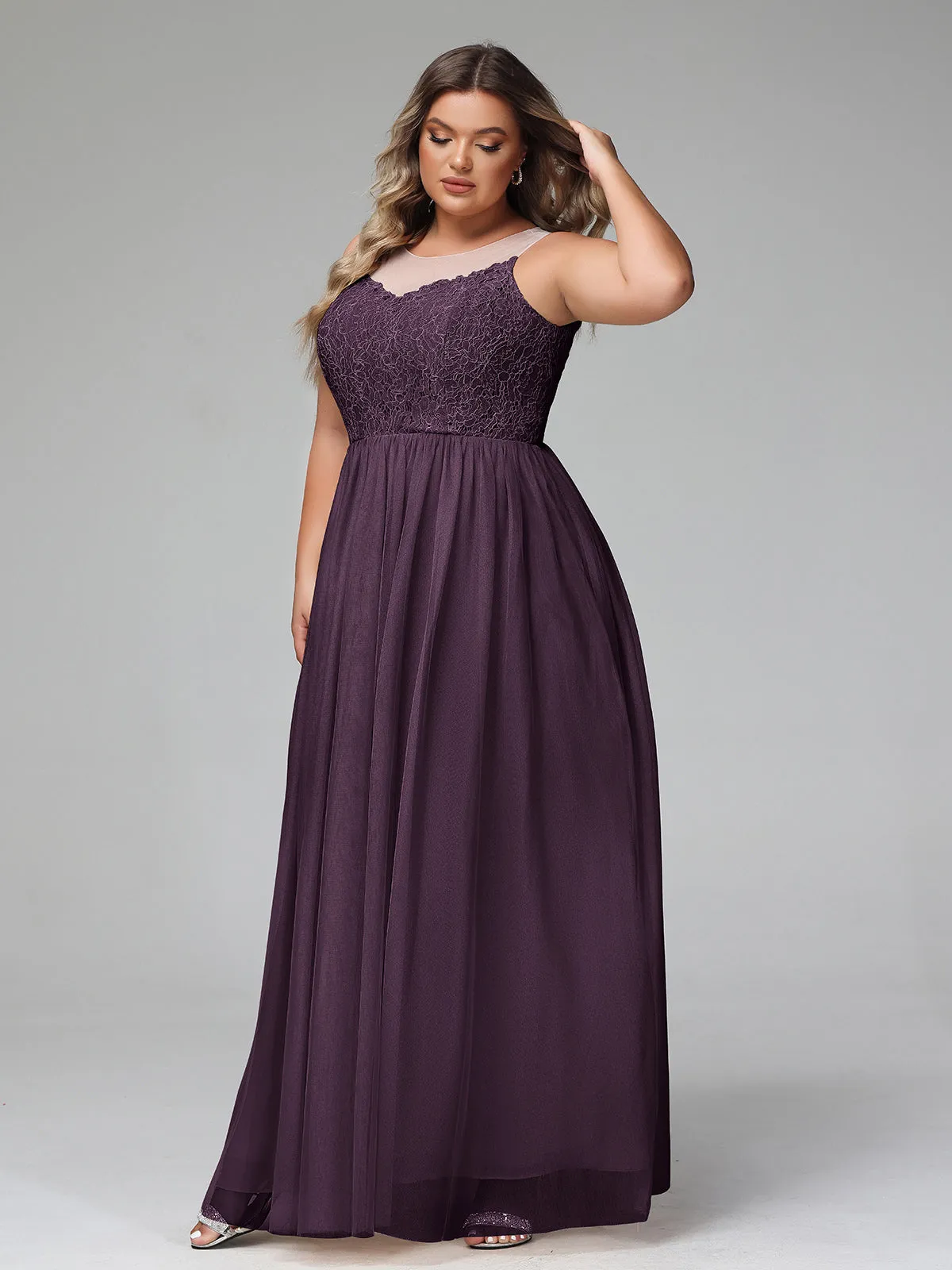 Illusion Neckline Lace and Tulle Maxi Dress-Plum Plus Size