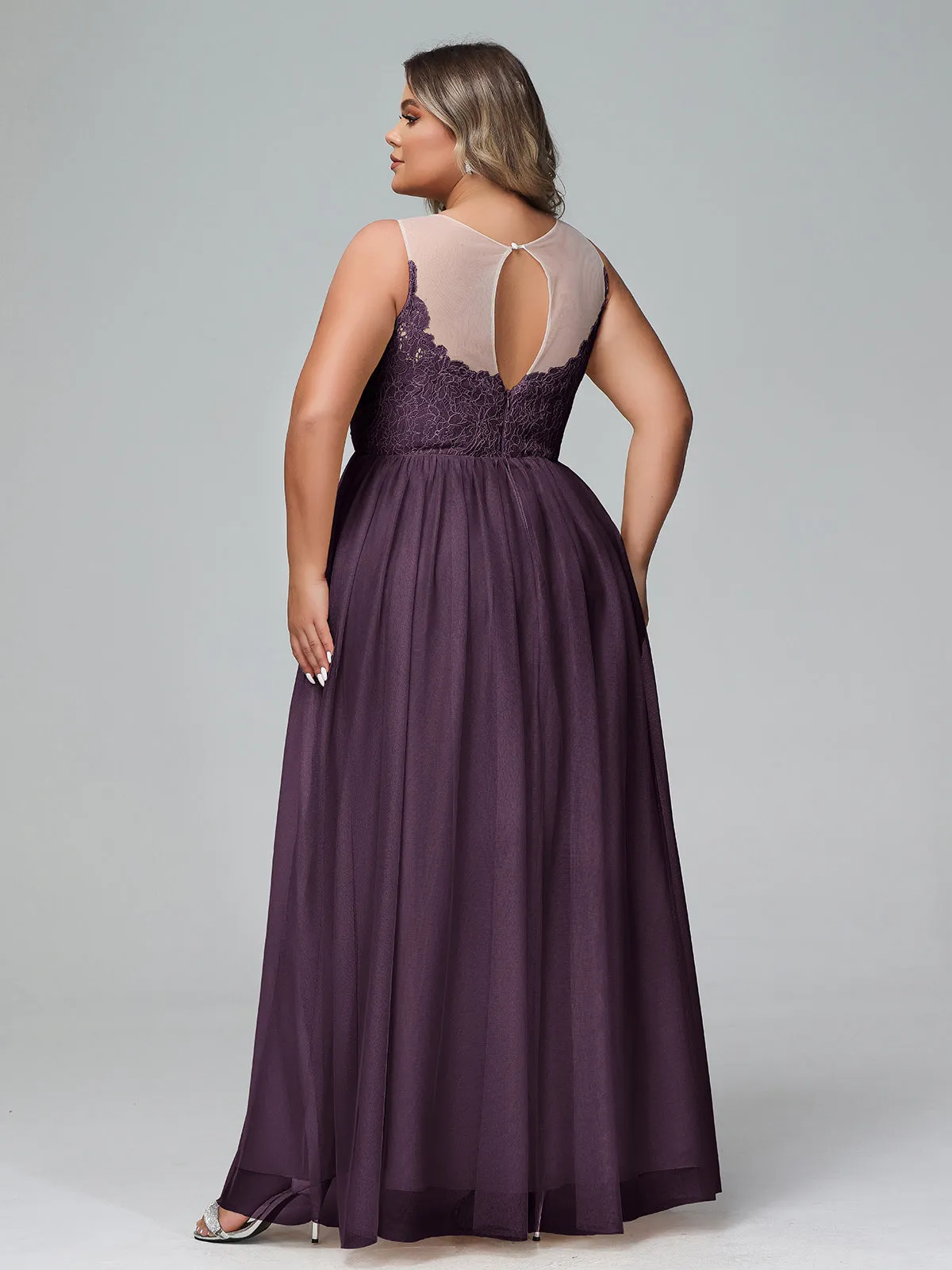 Illusion Neckline Lace and Tulle Maxi Dress-Plum Plus Size