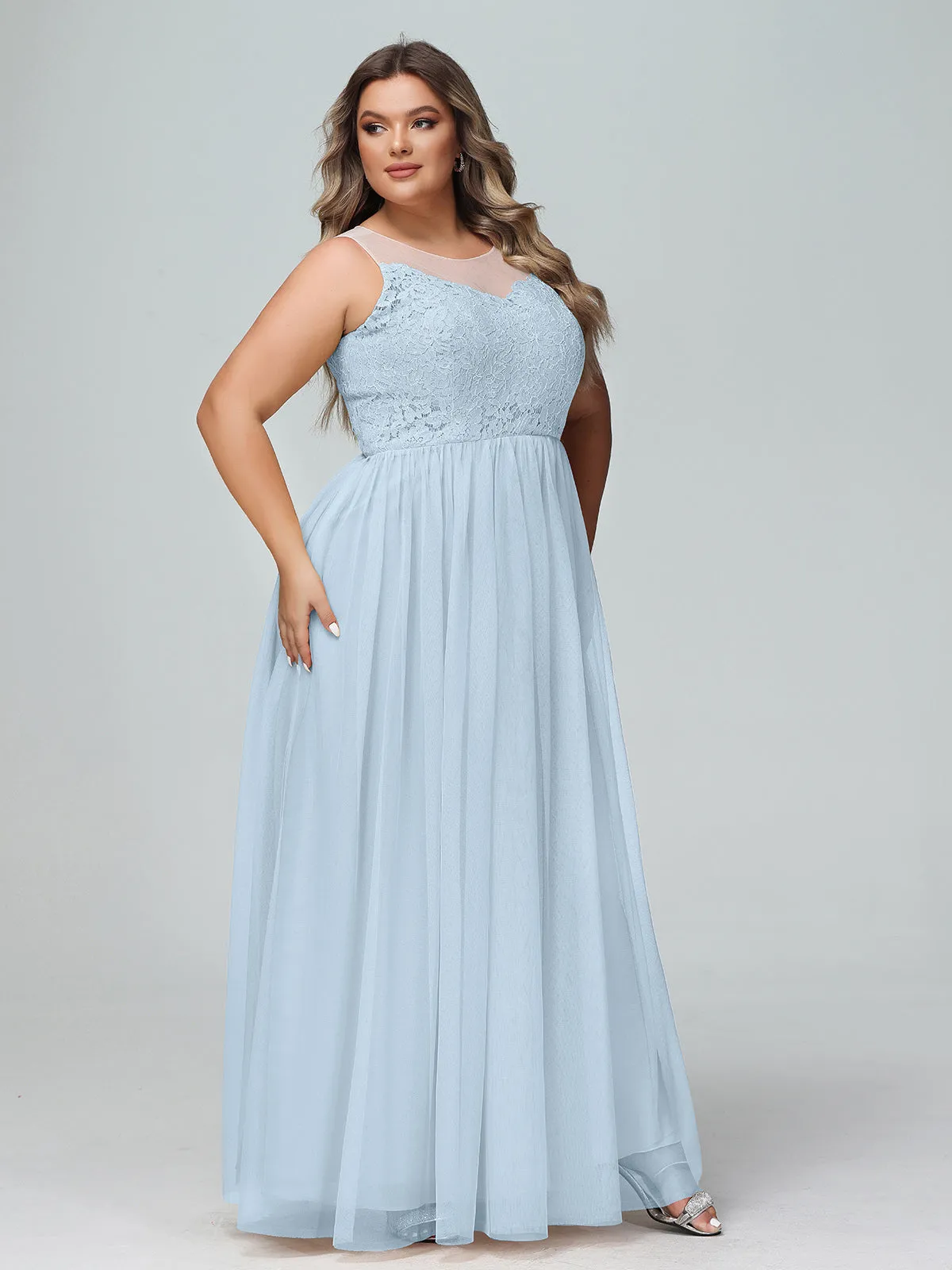 Illusion Neckline Lace and Tulle Maxi Dress-Sky Blue Plus Size