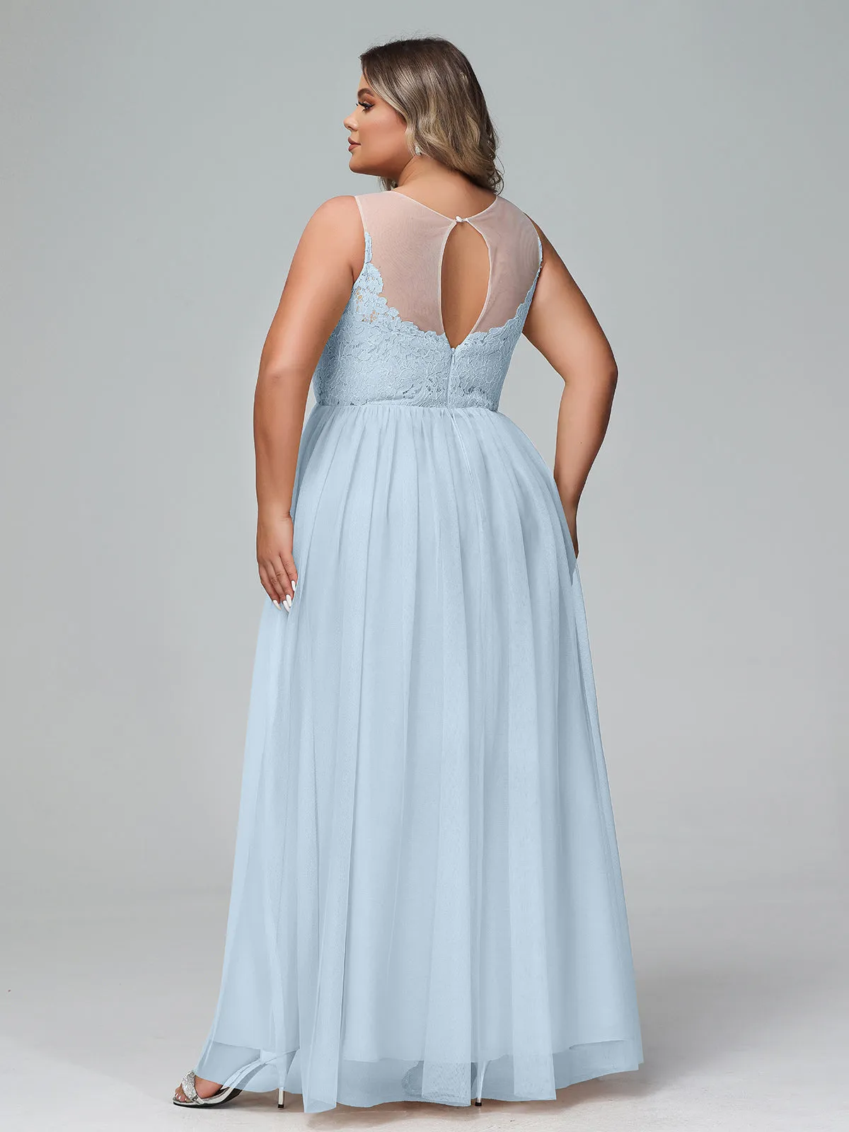 Illusion Neckline Lace and Tulle Maxi Dress-Sky Blue Plus Size