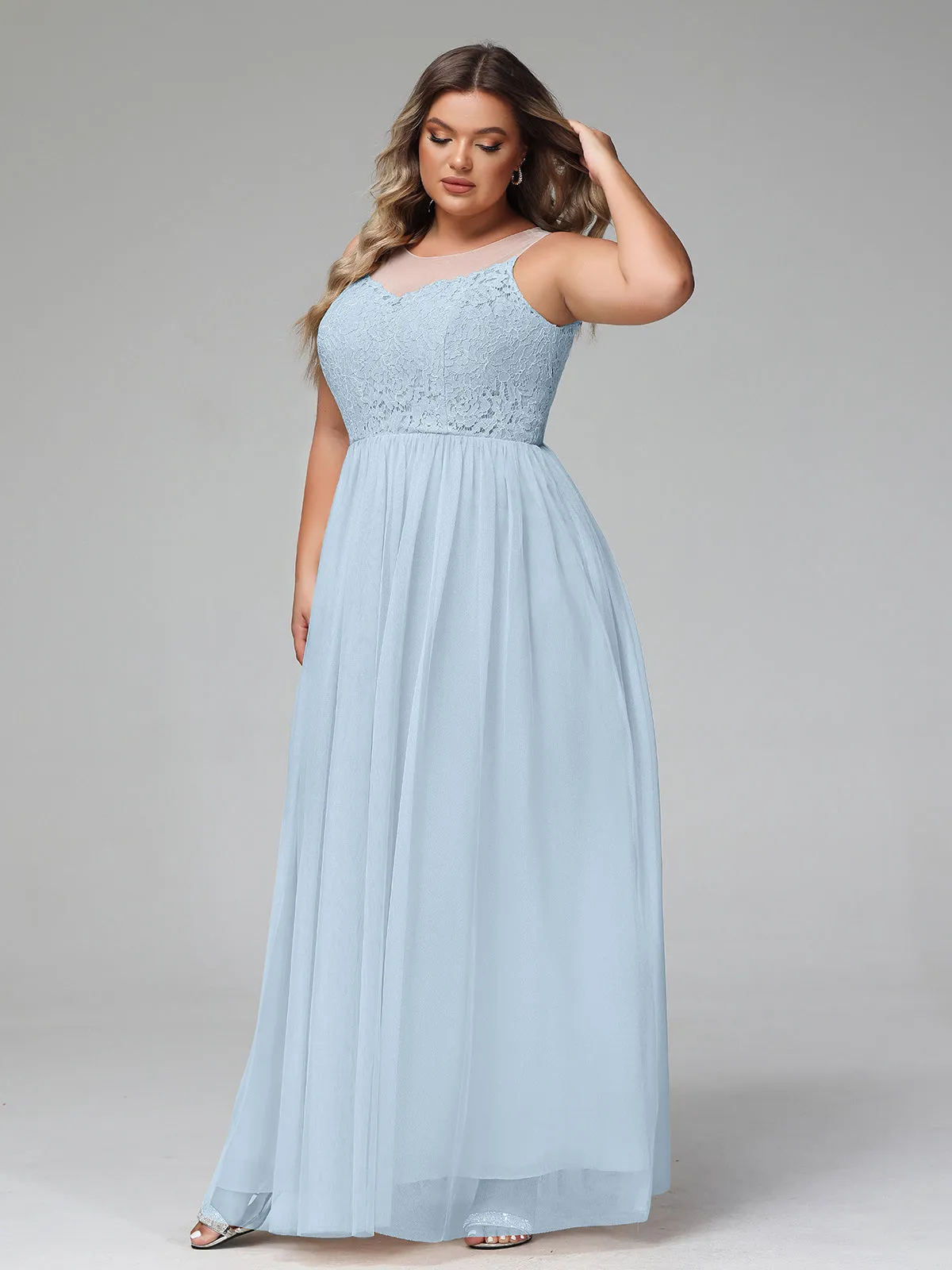 Illusion Neckline Lace and Tulle Maxi Dress-Sky Blue Plus Size