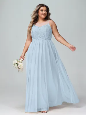 Illusion Neckline Lace and Tulle Maxi Dress-Sky Blue Plus Size