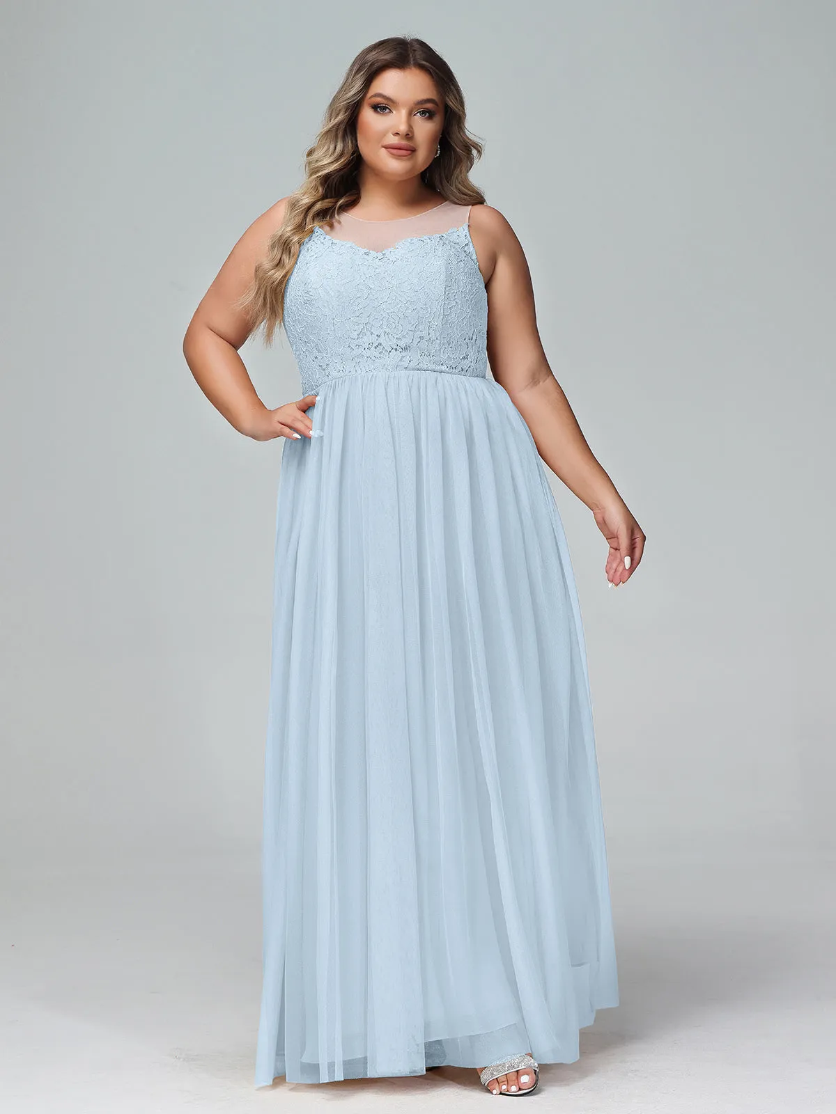 Illusion Neckline Lace and Tulle Maxi Dress-Sky Blue Plus Size