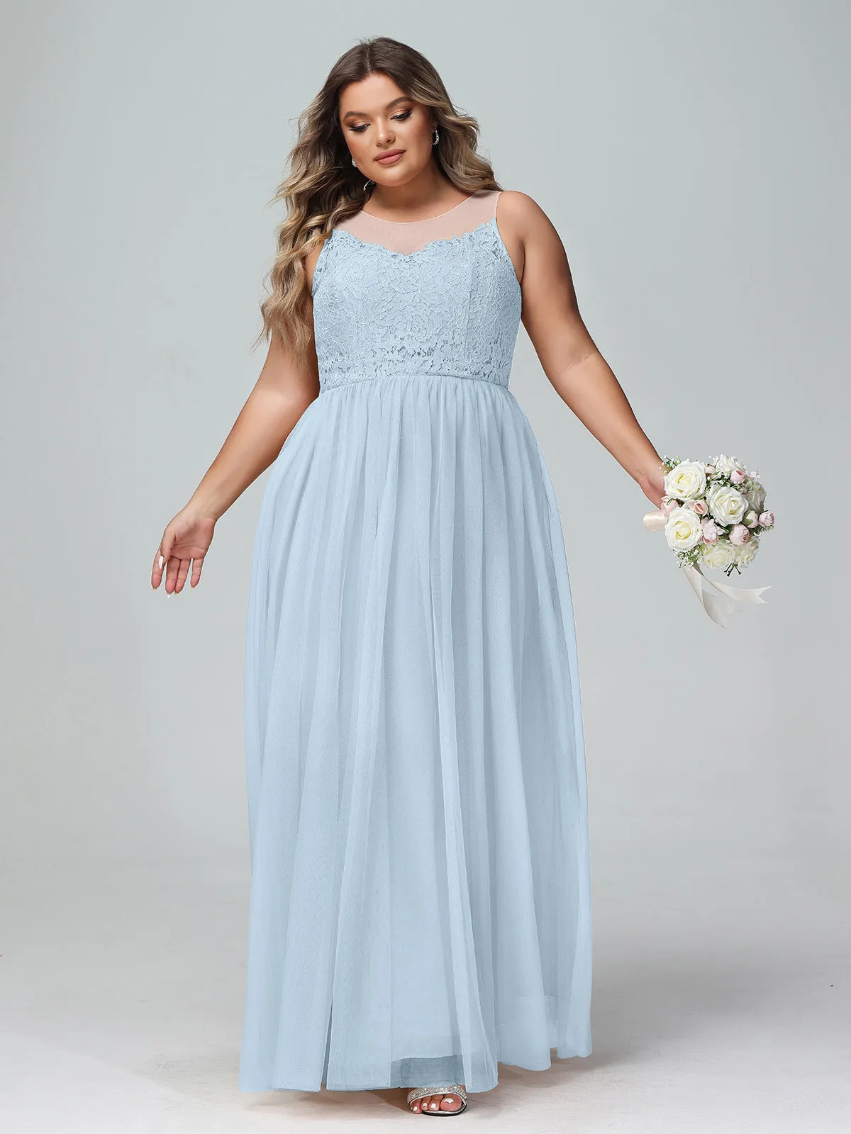 Illusion Neckline Lace and Tulle Maxi Dress-Sky Blue Plus Size
