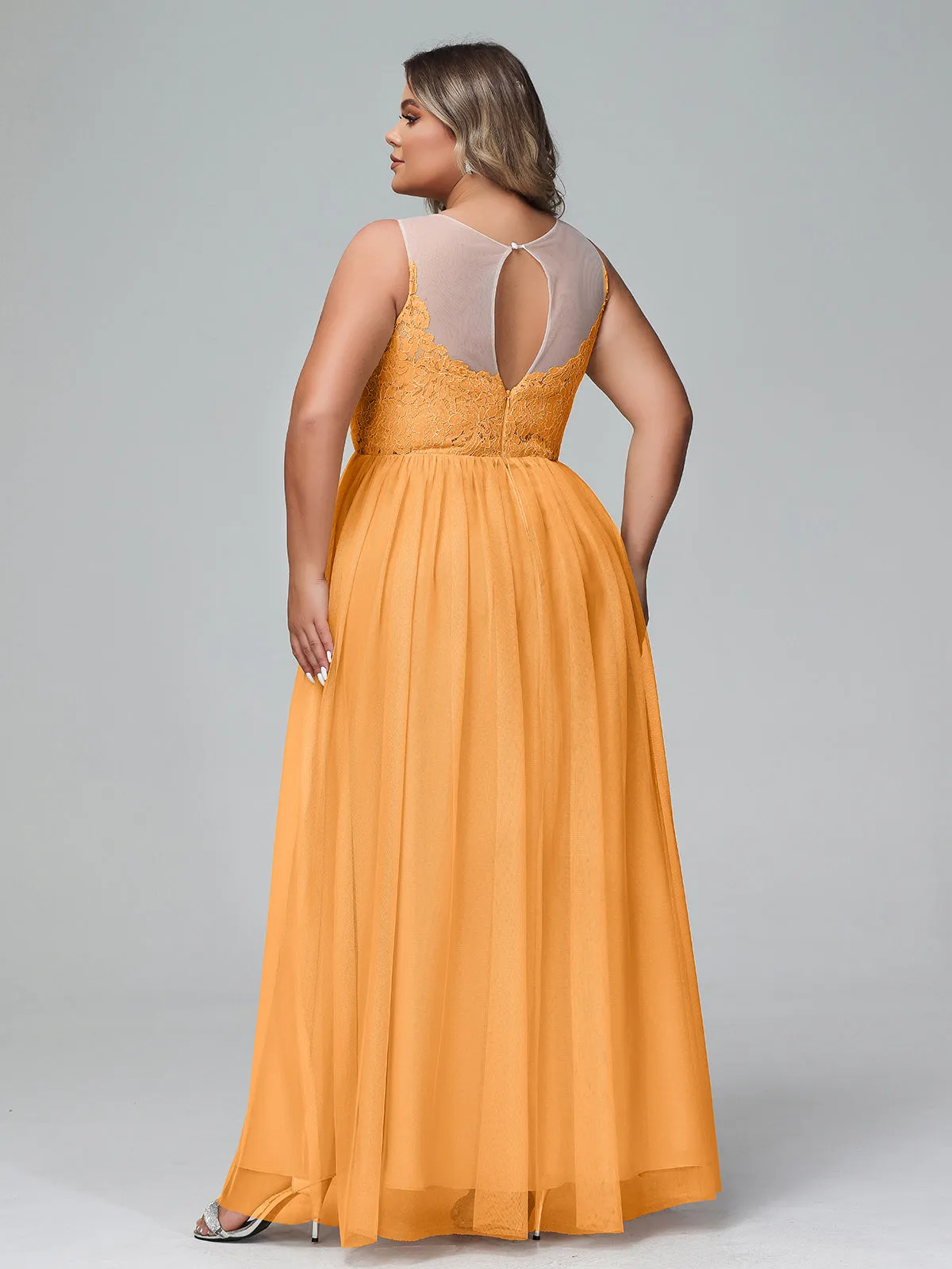 Illusion Neckline Lace and Tulle Maxi Dress-Tangerine Plus Size