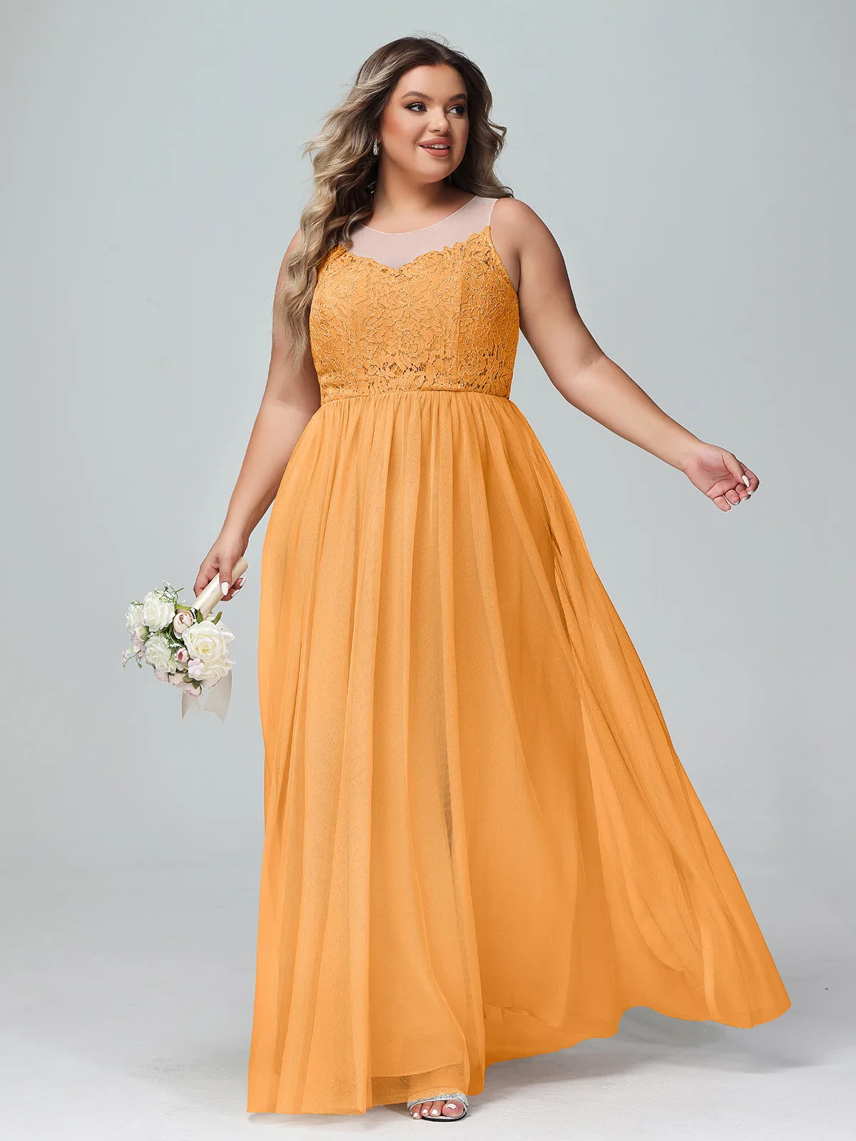 Illusion Neckline Lace and Tulle Maxi Dress-Tangerine Plus Size