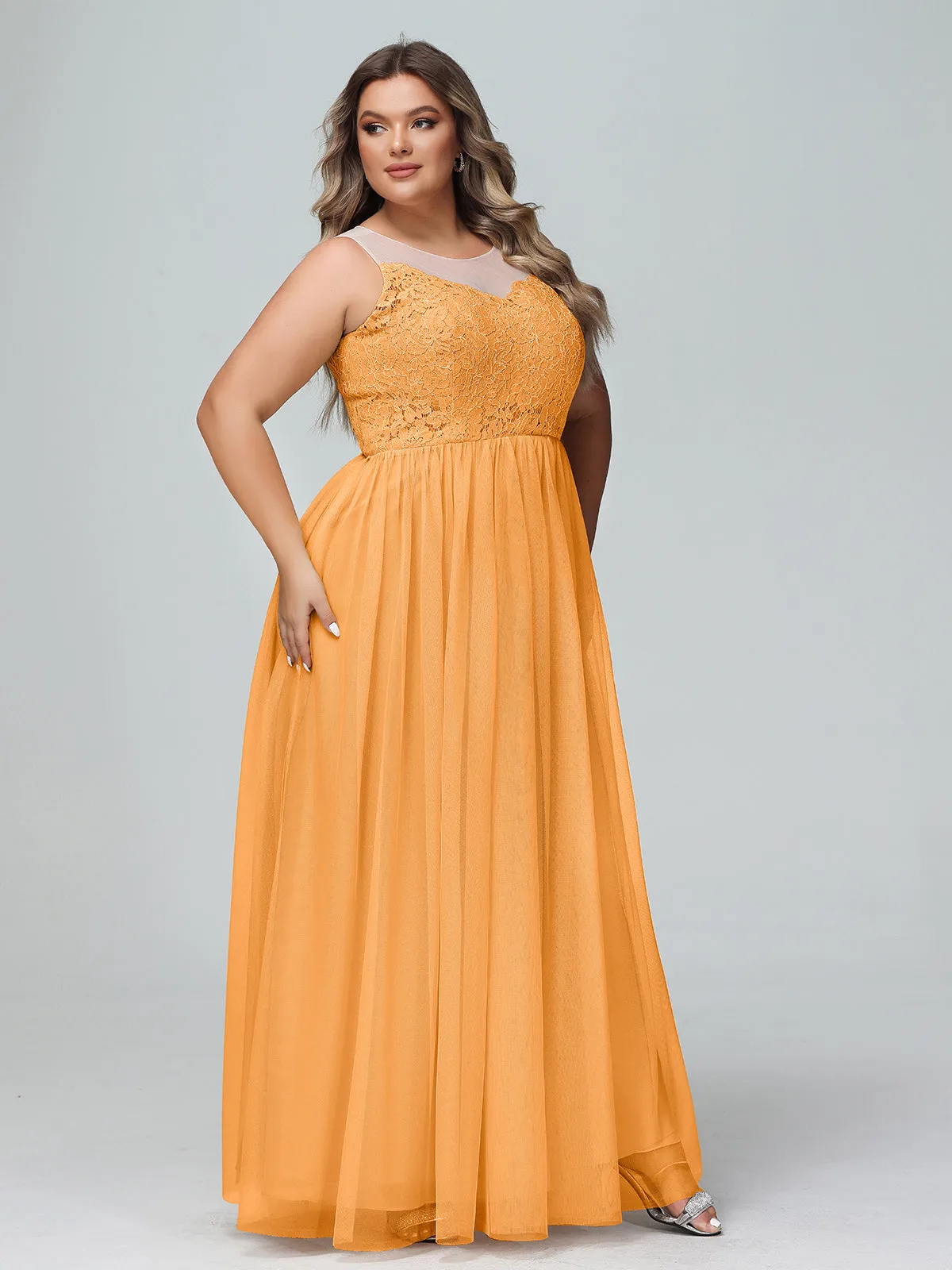 Illusion Neckline Lace and Tulle Maxi Dress-Tangerine Plus Size