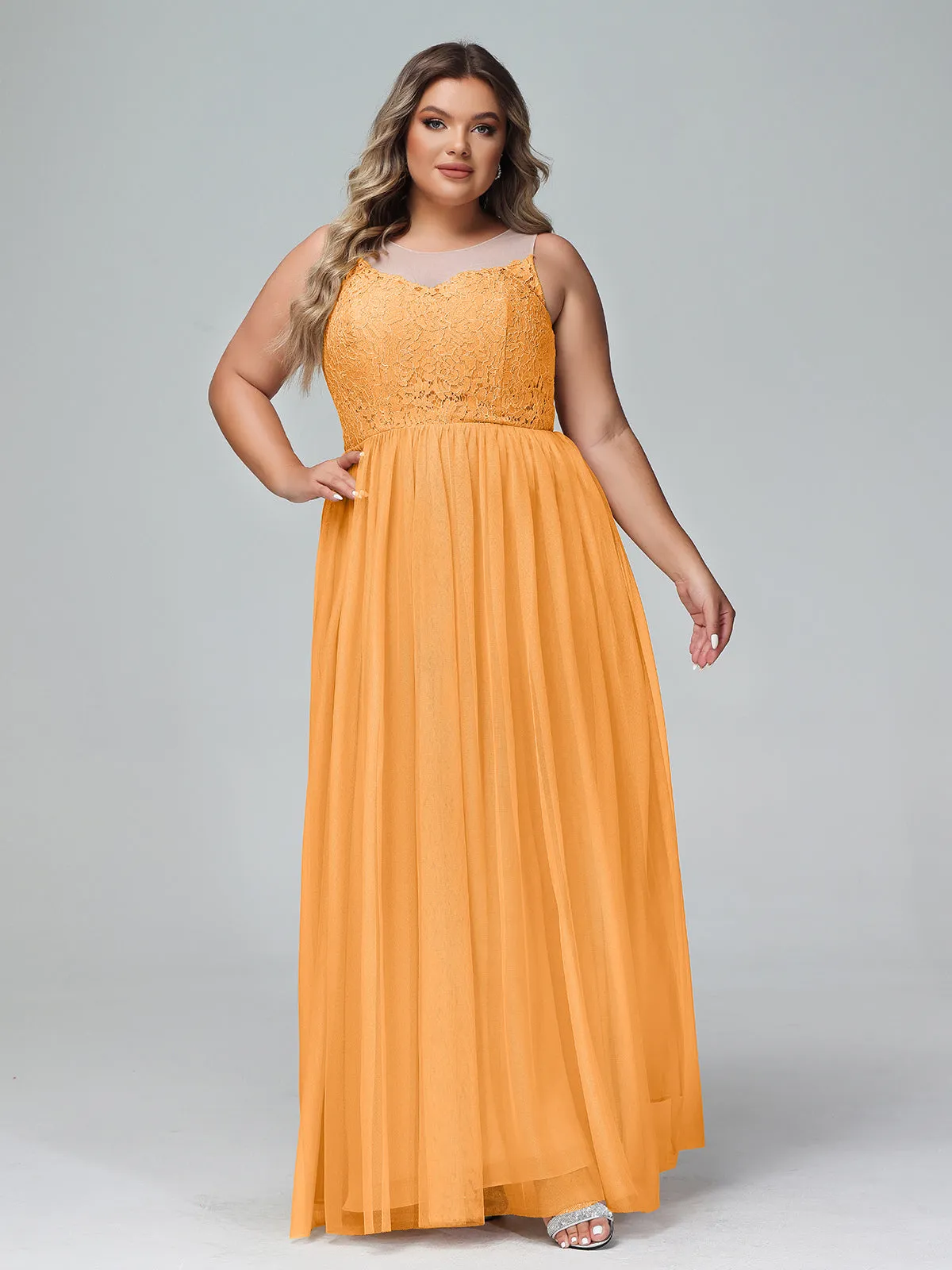Illusion Neckline Lace and Tulle Maxi Dress-Tangerine Plus Size