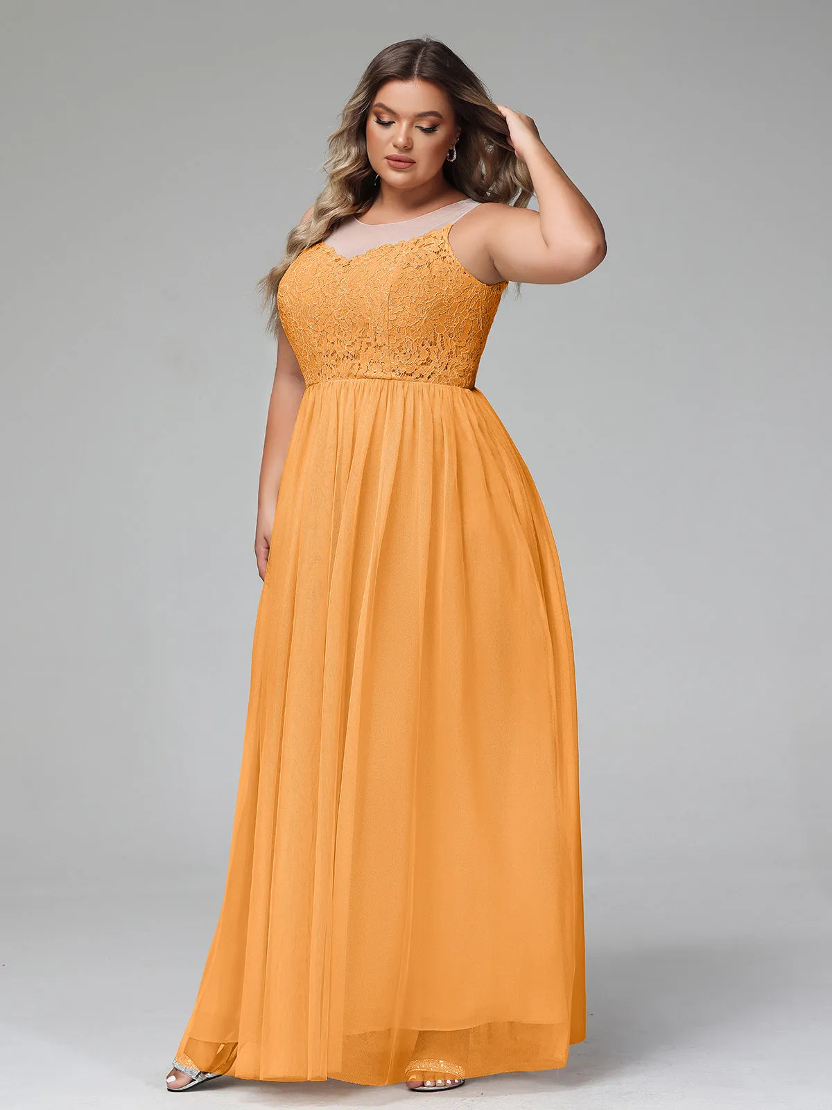 Illusion Neckline Lace and Tulle Maxi Dress-Tangerine Plus Size
