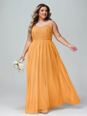 Illusion Neckline Lace and Tulle Maxi Dress-Tangerine Plus Size