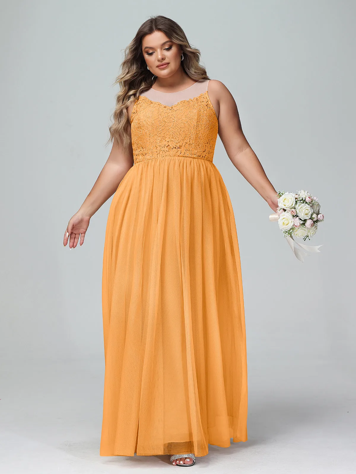 Illusion Neckline Lace and Tulle Maxi Dress-Tangerine Plus Size