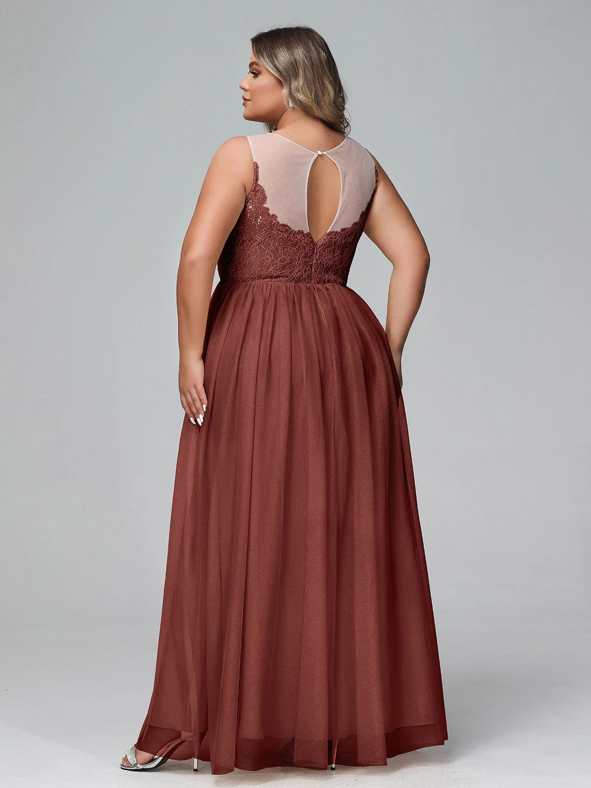 Illusion Neckline Lace and Tulle Maxi Dress-Terracotta Plus Size