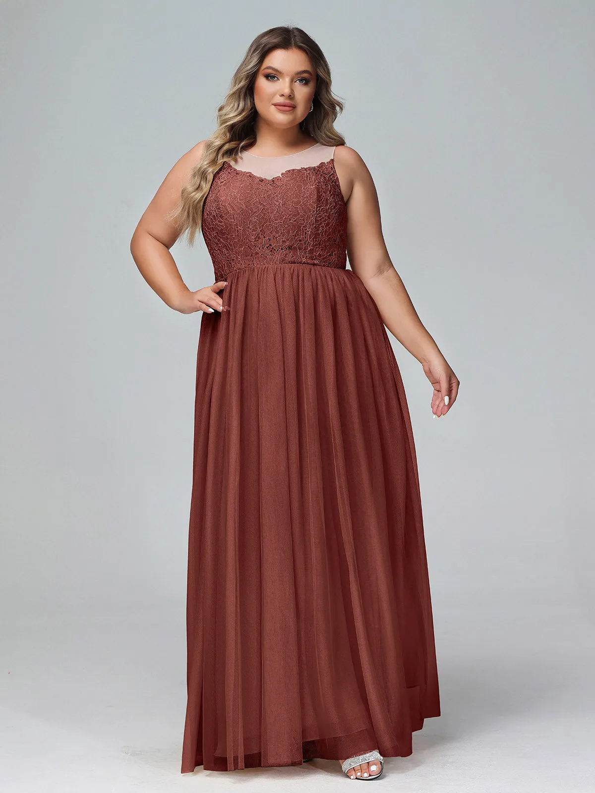 Illusion Neckline Lace and Tulle Maxi Dress-Terracotta Plus Size