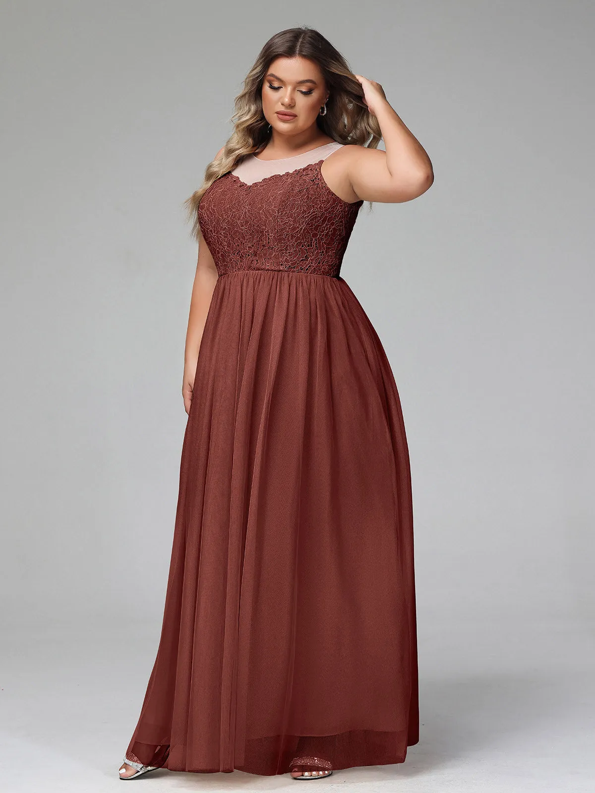 Illusion Neckline Lace and Tulle Maxi Dress-Terracotta Plus Size