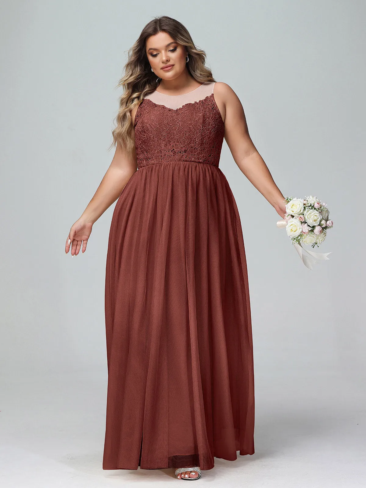 Illusion Neckline Lace and Tulle Maxi Dress-Terracotta Plus Size
