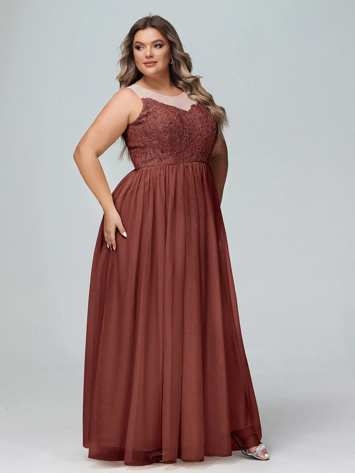 Illusion Neckline Lace and Tulle Maxi Dress-Terracotta Plus Size