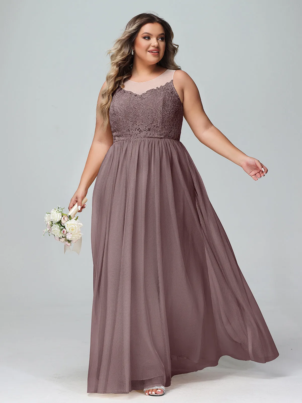 Illusion Neckline Lace and Tulle Maxi Dress-Vintage Mauve Plus Size