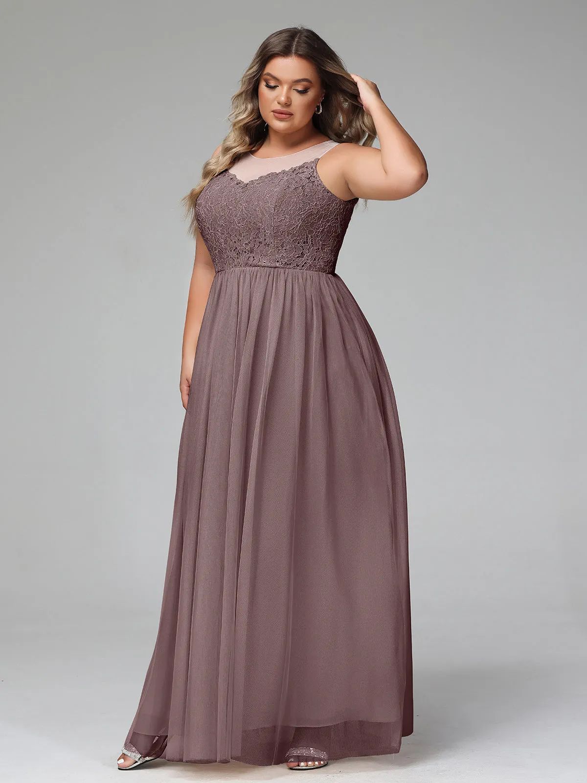 Illusion Neckline Lace and Tulle Maxi Dress-Vintage Mauve Plus Size