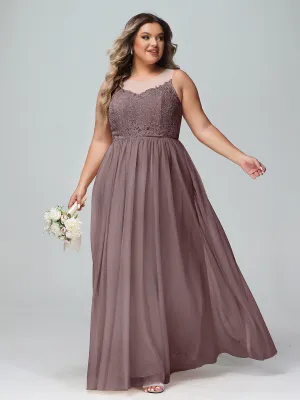 Illusion Neckline Lace and Tulle Maxi Dress-Vintage Mauve Plus Size