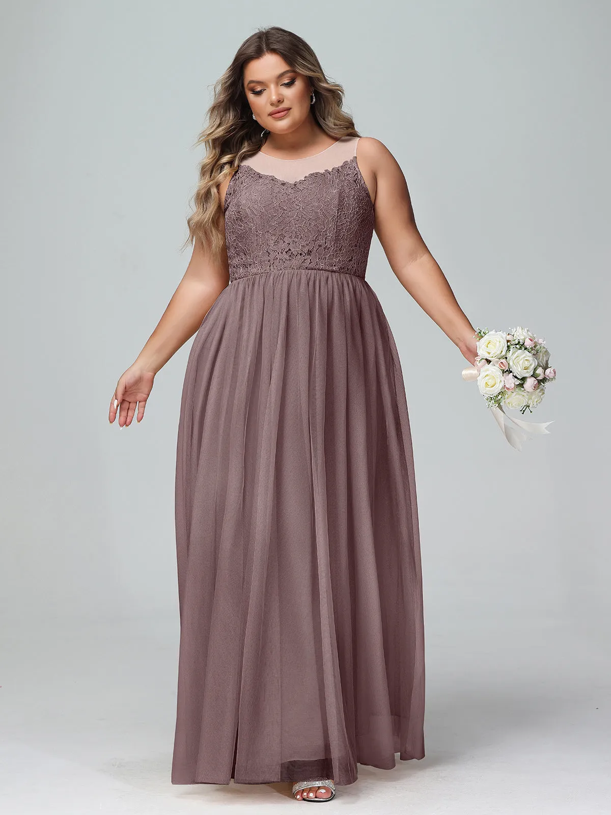 Illusion Neckline Lace and Tulle Maxi Dress-Vintage Mauve Plus Size