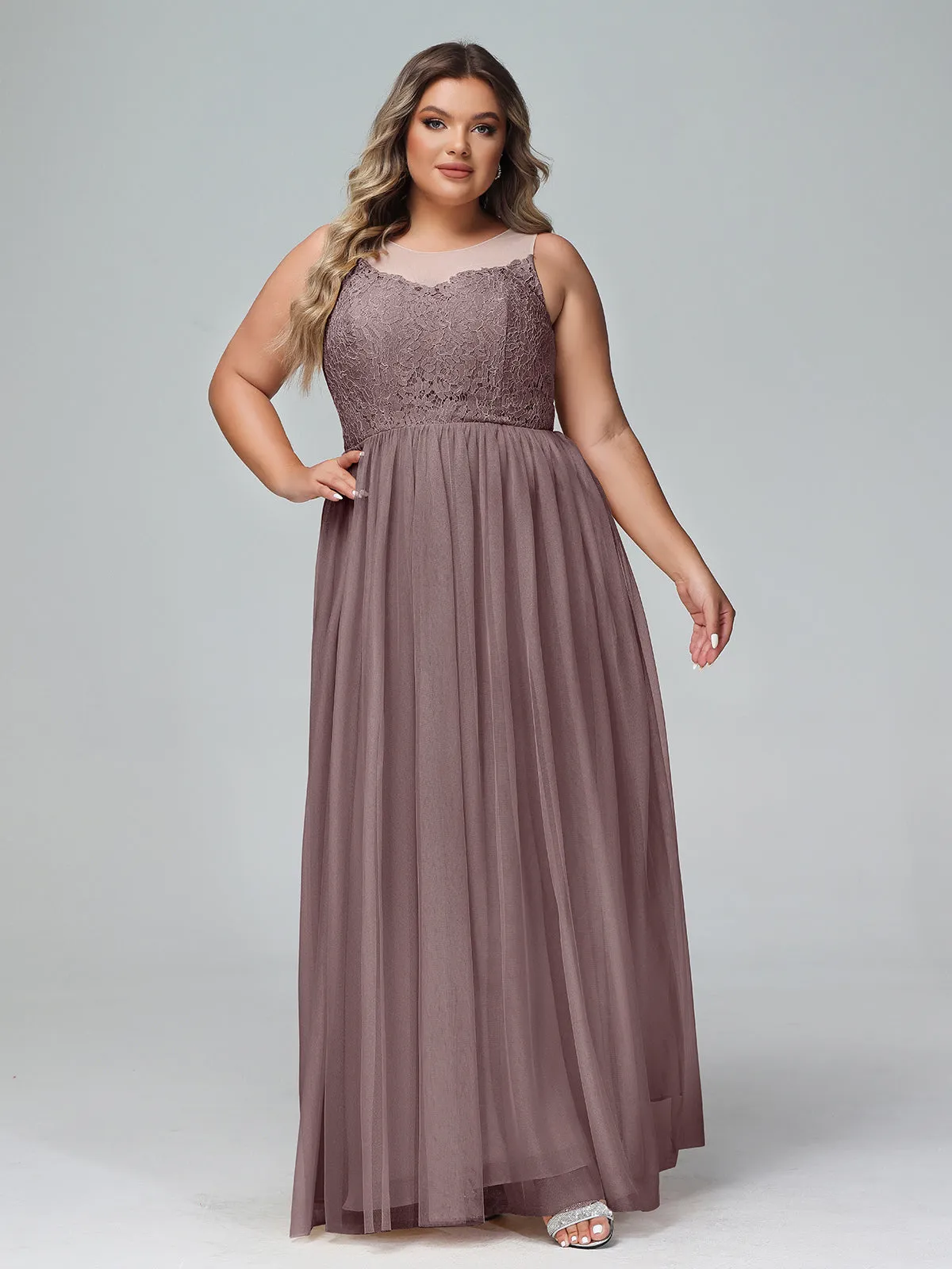 Illusion Neckline Lace and Tulle Maxi Dress-Vintage Mauve Plus Size