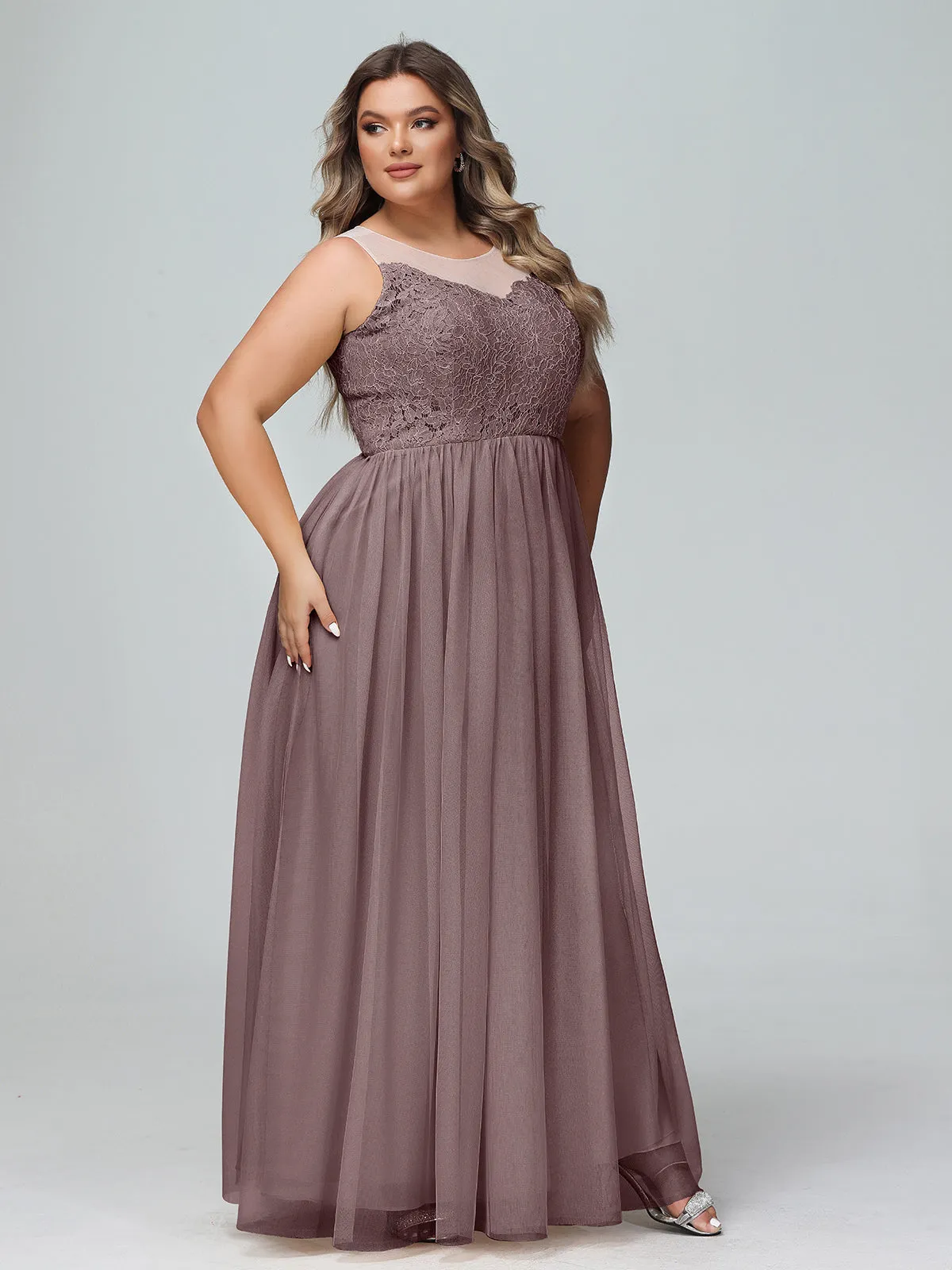 Illusion Neckline Lace and Tulle Maxi Dress-Vintage Mauve Plus Size