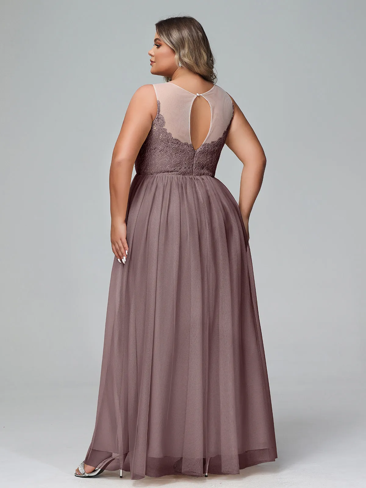 Illusion Neckline Lace and Tulle Maxi Dress-Vintage Mauve Plus Size