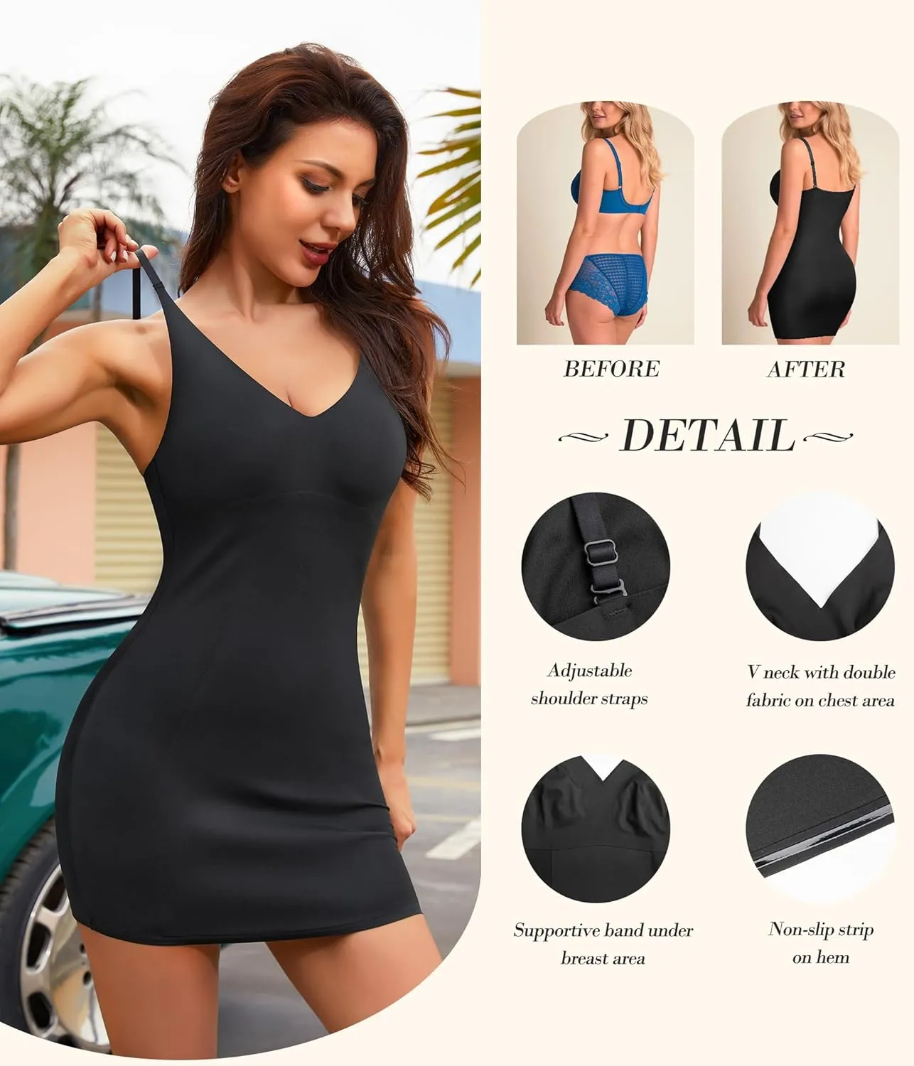 Irisnaya Women Shapewear Full Slip Tummy Control V Neck Cami Mini Under Dress Body Shaper Seamless Spaghetti Straps Lingerie