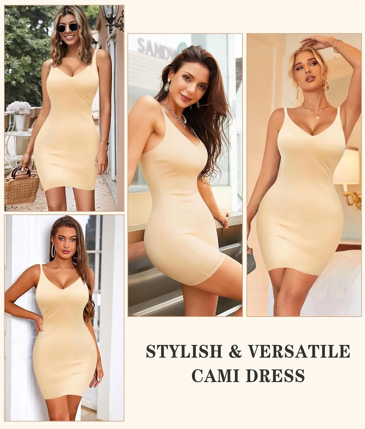 Irisnaya Women Shapewear Full Slip Tummy Control V Neck Cami Mini Under Dress Body Shaper Seamless Spaghetti Straps Lingerie