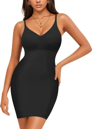 Irisnaya Women Shapewear Full Slip Tummy Control V Neck Cami Mini Under Dress Body Shaper Seamless Spaghetti Straps Lingerie