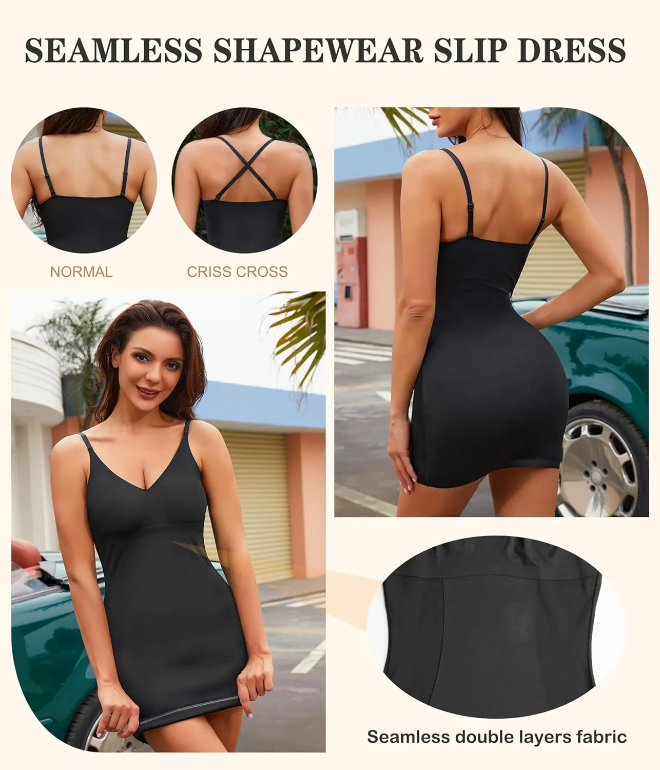 Irisnaya Women Shapewear Full Slip Tummy Control V Neck Cami Mini Under Dress Body Shaper Seamless Spaghetti Straps Lingerie