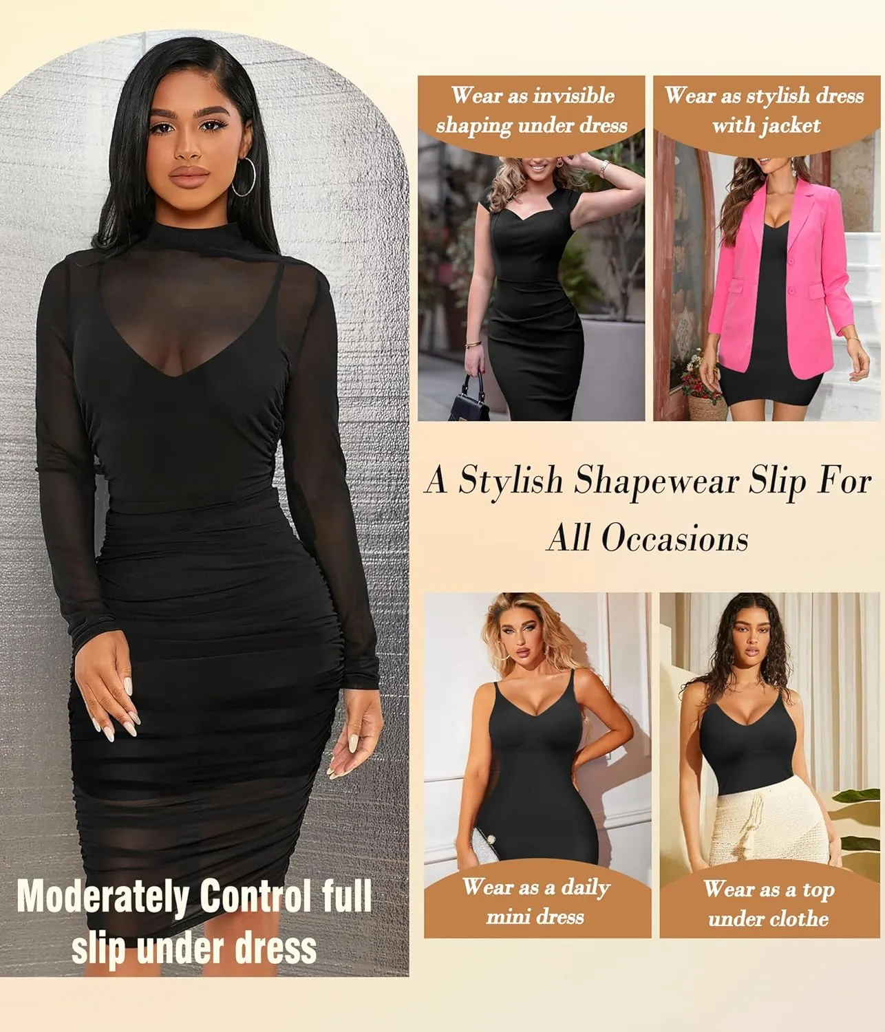 Irisnaya Women Shapewear Full Slip Tummy Control V Neck Cami Mini Under Dress Body Shaper Seamless Spaghetti Straps Lingerie